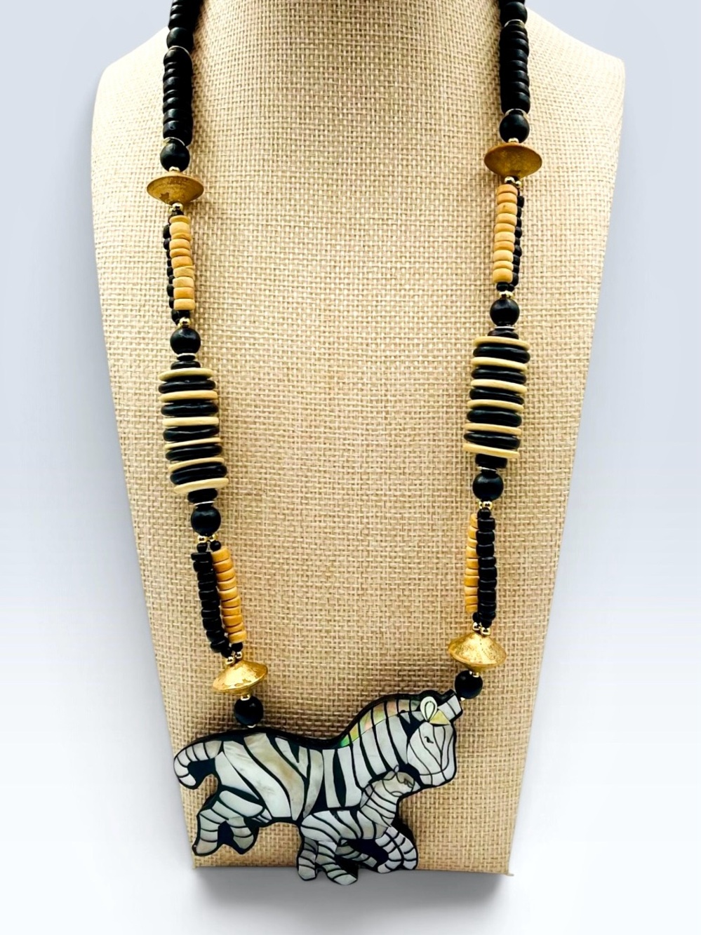 Vintage Zebras Mother of Pearl Inlay Lucite Pendant Wood BeaStatement Necklace